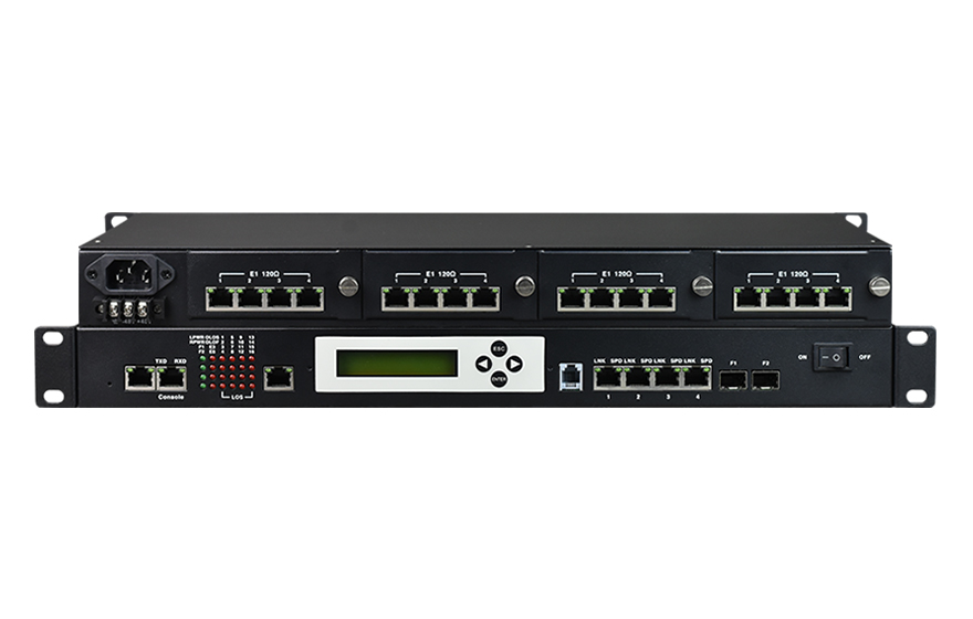 飞畅科技-16E1+4xFE 物理隔离 带LCD插卡 PDH光端机