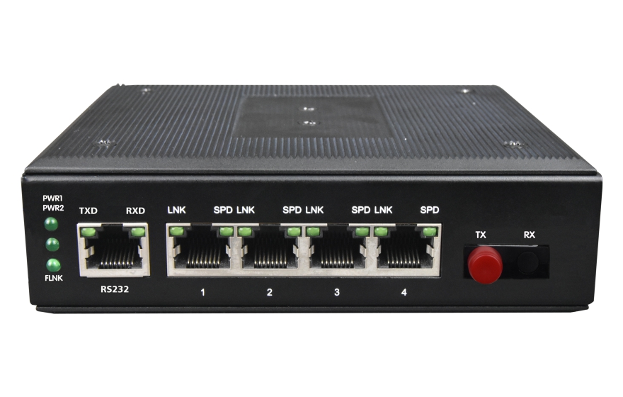 飞畅科技-网管型 工业级1路百兆光口转4路百兆电+1路串口交换机